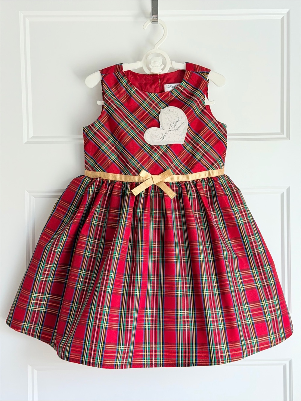Red Tartan Girls' Holiday Dress with Gold Sash